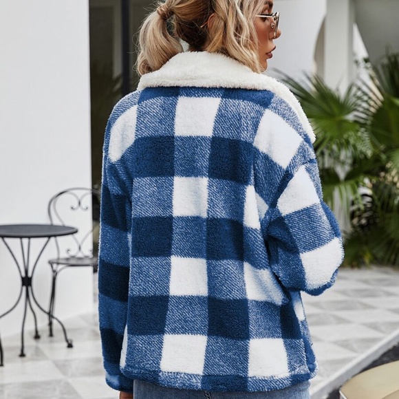 blue white plaid collar pocket fall teddy coat - Picture 3 of 5